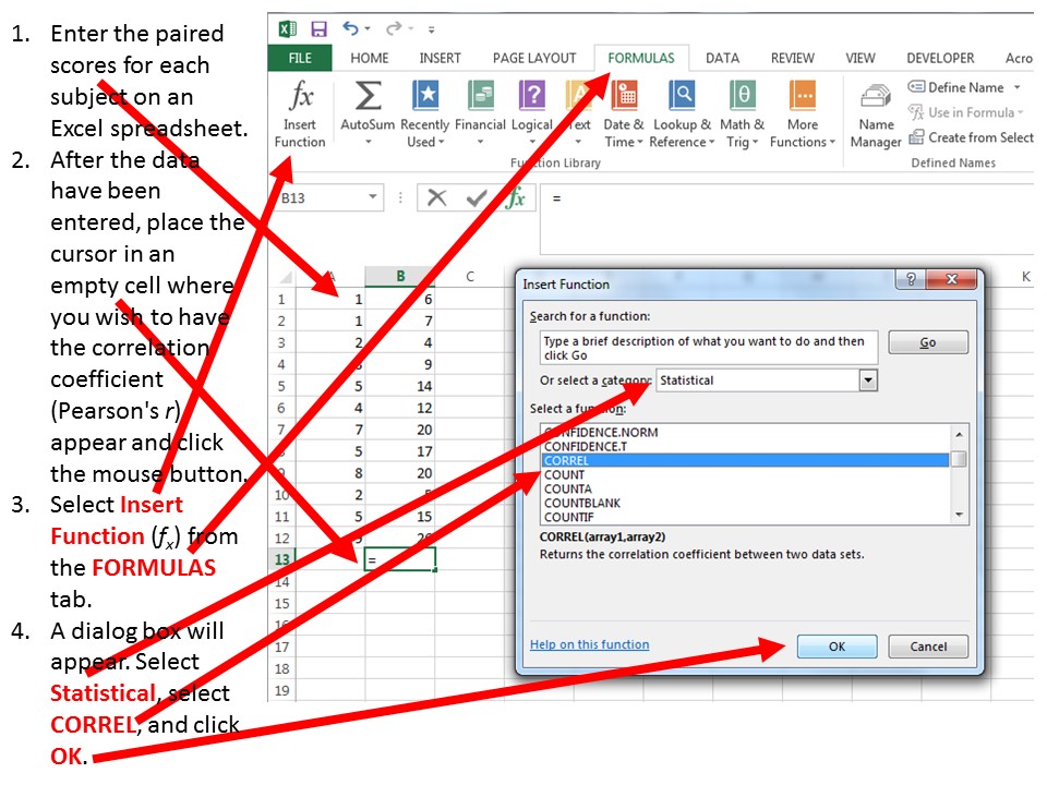 Usng Excel to calculate correlation coefficients